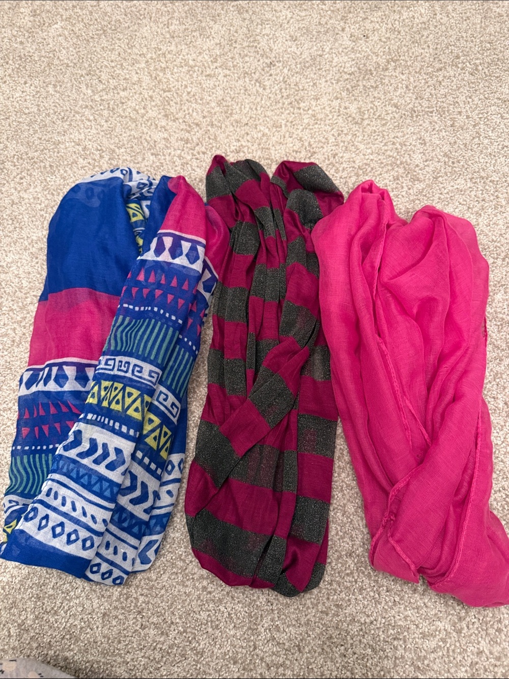 Set of 3 Lightweight Scarves - Blue Multicolor, Magenta Stripe, Solid Hot Pink